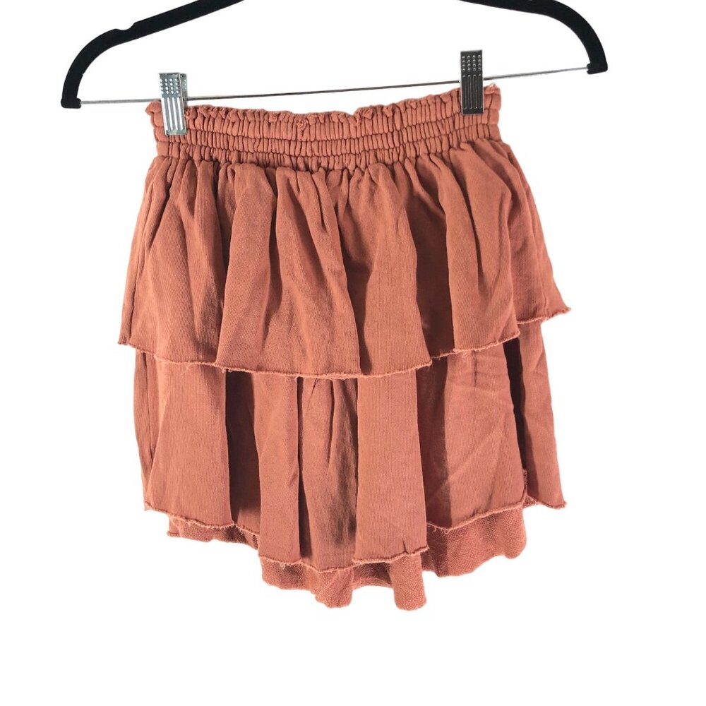 Aerie Weekend Ruffle Tiered Mini Skirt Orange French Terry 100% Cotton Pull On S